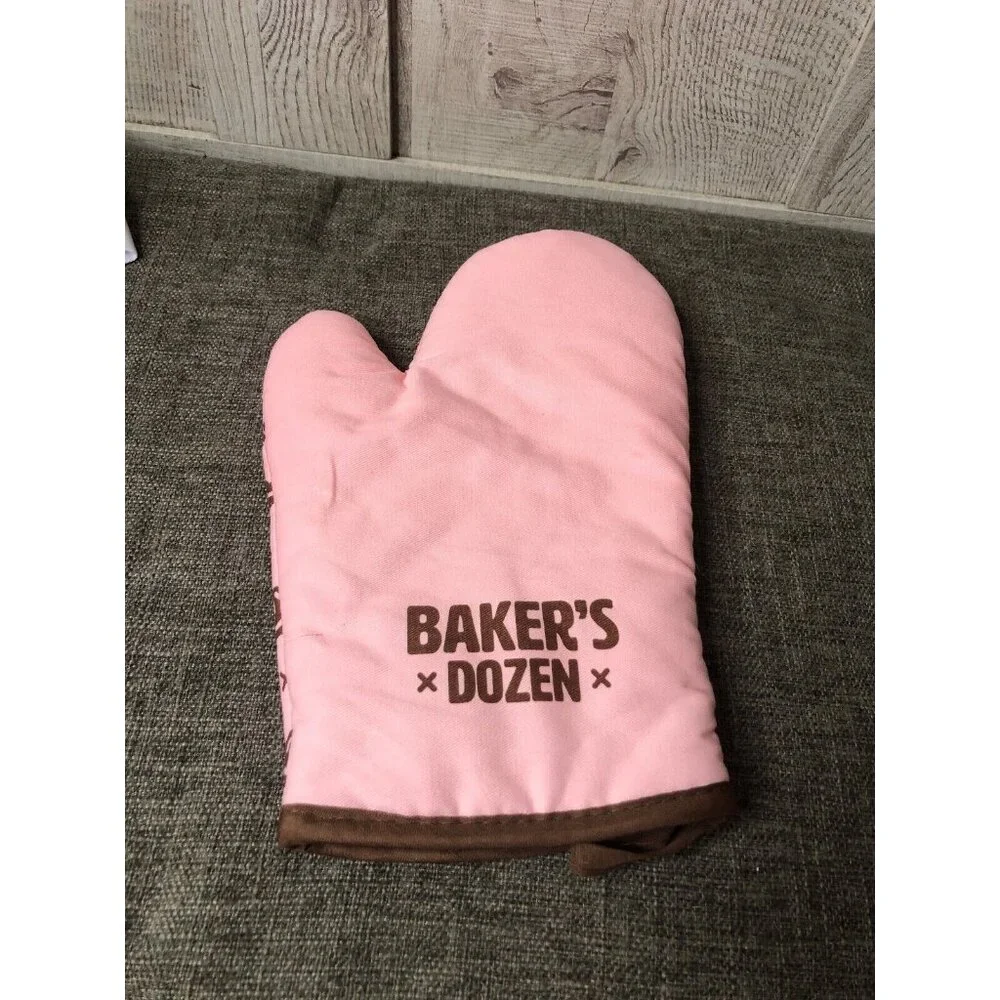 Baker's Dozen 4-Piece Baking Set Brown Apron Pink Oven Mitt Chef Hat Spatula